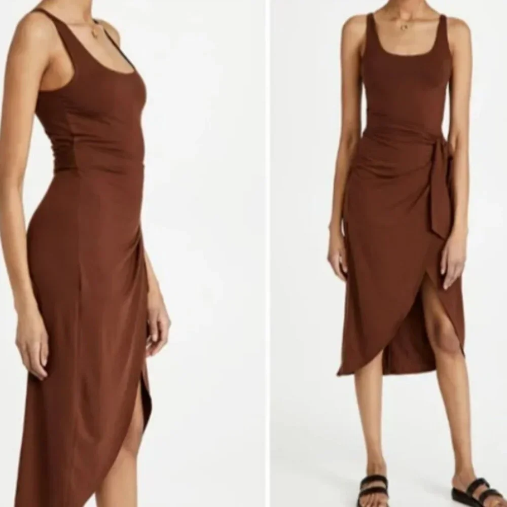 NWT Reformation Kaila Knit Dress Jersey Wrap Midi Stretch Chestnut Brown Size XL - Picture 5 of 7